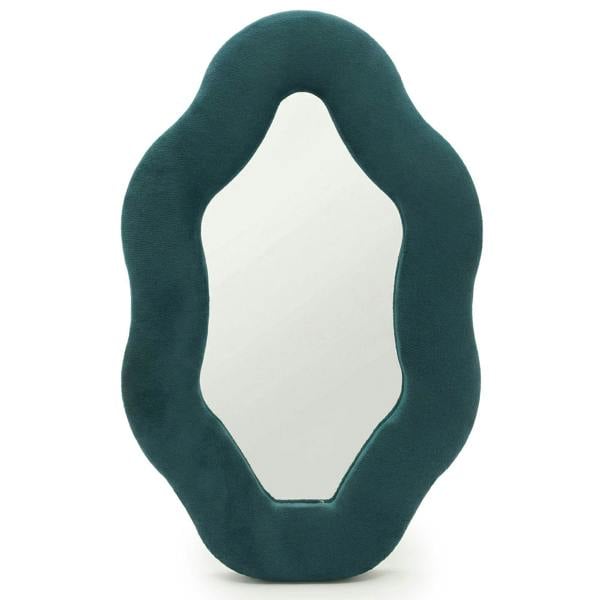 Royal teal oval squiggly wall mirror with soft pebble-shaped frame