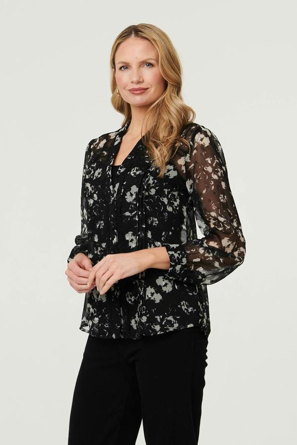 Black | Floral Semi Sheer Layer Lace Trim Blouse