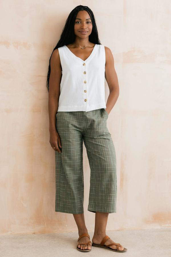 Lily & Me Greta Checked Cotton Cropped Trousers Green