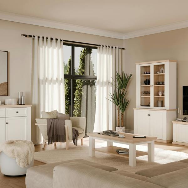 Furniture To Go Pontypool Large Rectangular Coffee Table with Shelf in White and Riva Oak