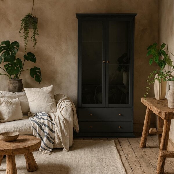 Wyld Haus Osaka Farmhouse Dark Grey Wooden China Cabinet 2 Drawers 2 Doors 3 Shelves