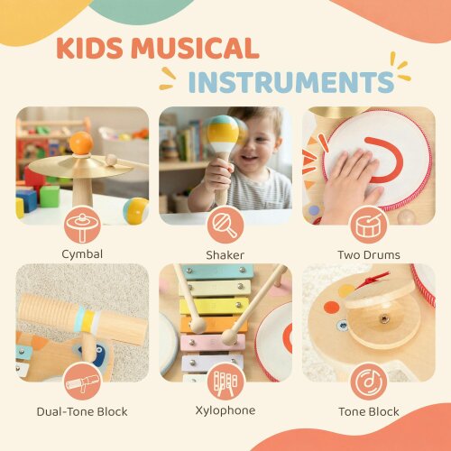 AIYAPLAY Kids Drum Kit, Wooden Musical Instruments for 18M-6Years, Natural