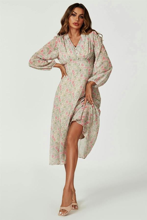 FS Collection Floral Print Long Sleeve Maxi Dress In Multi