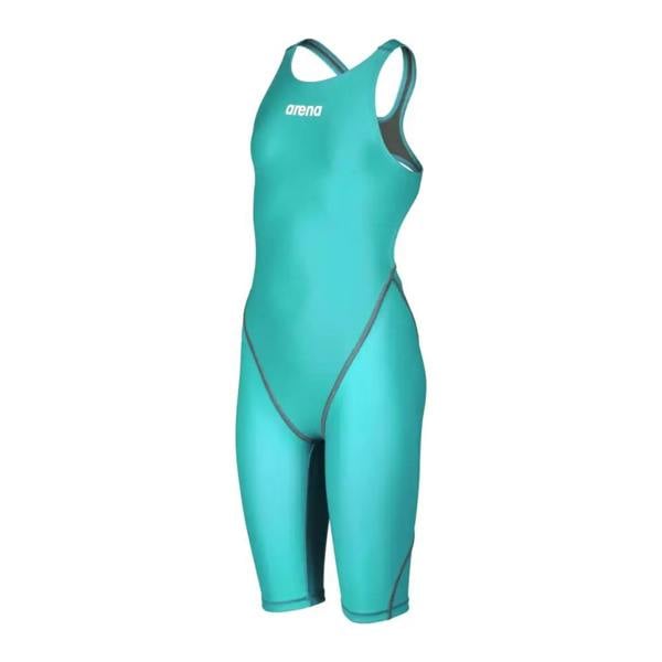 Arena Girls Powerskin teal swimsuit with gray trim, made of recycled materials