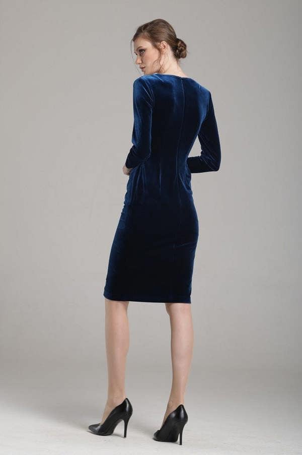 Rumour London Scarlett velvet dress with v-neck neckline and draped detail in royal blue