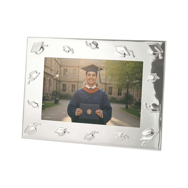 Graduation Metal 4x6 Picture Frame in Nickel Plated with 3D Hat Icons Image 1