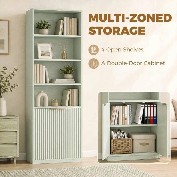 Bookcase Adjustable Shelf Bookshelf Anti-Tip Hardware 6-Tier, Light Green