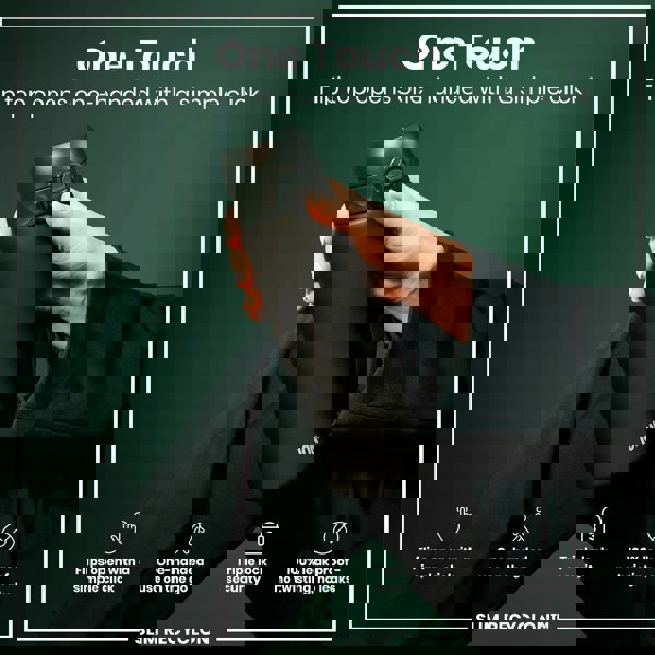 A black, cylindrical water bottle is being held; its flip top opens with one hand via a simple click. The bottle is shown against a dark green background. SLIM RECYCLON™ is indicated on the bottle.