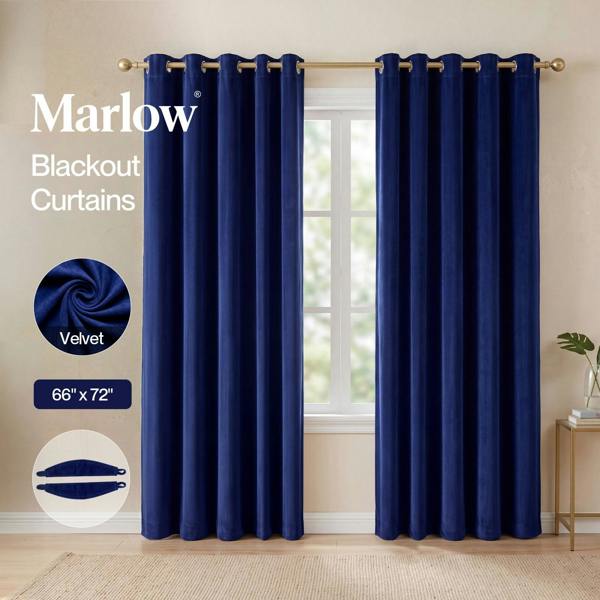 Marlow Thick Thermal Blackout Curtains Velvet 66x72 Inch Eyelet Ring Top Blue