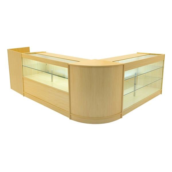 Vega LED Shop Counter Set in maple finish features sleek glass display areas, curved edges, and modern design for retail spaces