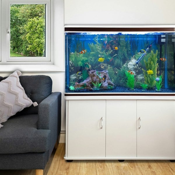 Monstershop Aquarium Fish Tank and Cabinet with Complete Starter Kit - White Tank with Blue Gravel