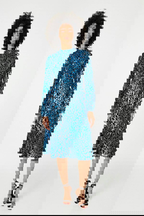 Blue | Leopard Print Long Sleeve Midi Dress