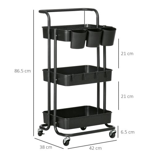 Wyld Haus Nirelu Metal Black 3 Tier Home Trolley With Handle And Wheels