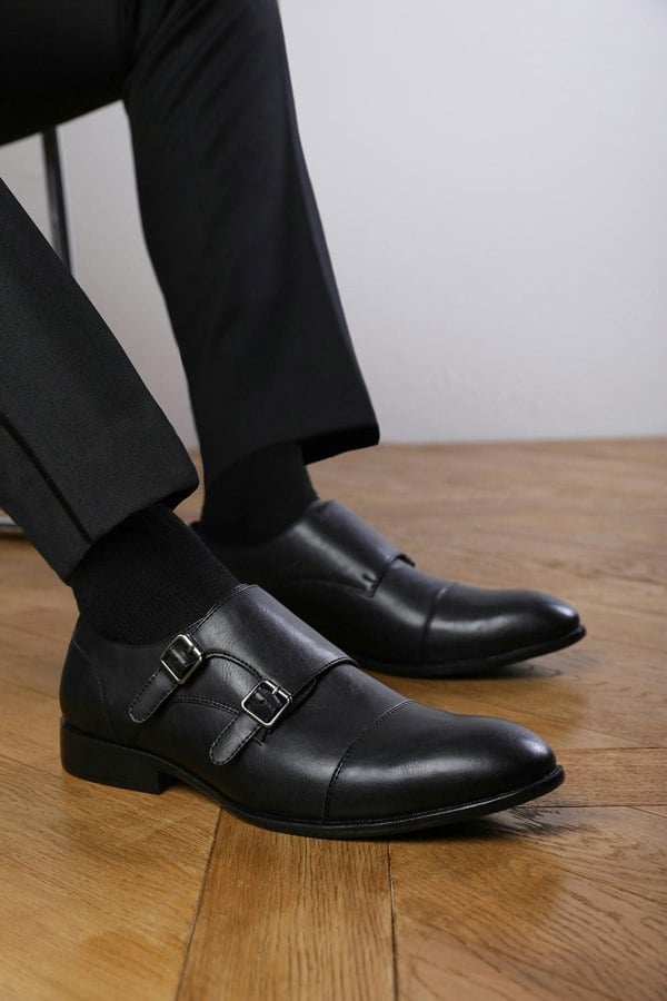 Where's That From Dominic Men's Formal Keith Buckle Twin Monk Shoes in Black Faux Leather