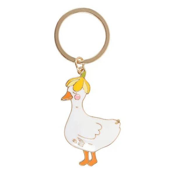 Gold-tone keyring with white enamel duck charm and yellow beak