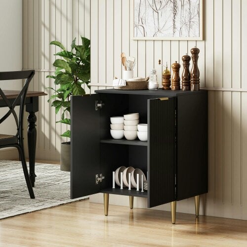 Wyld Haus Sutto Black Etched Sideboard 2 Ribbed Doors Gold Accents