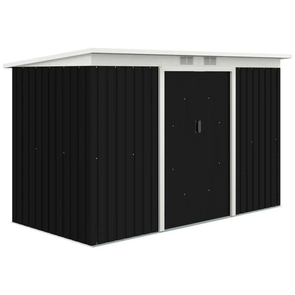 Dark grey metal garden shed with double doors and vented roof panel, front view