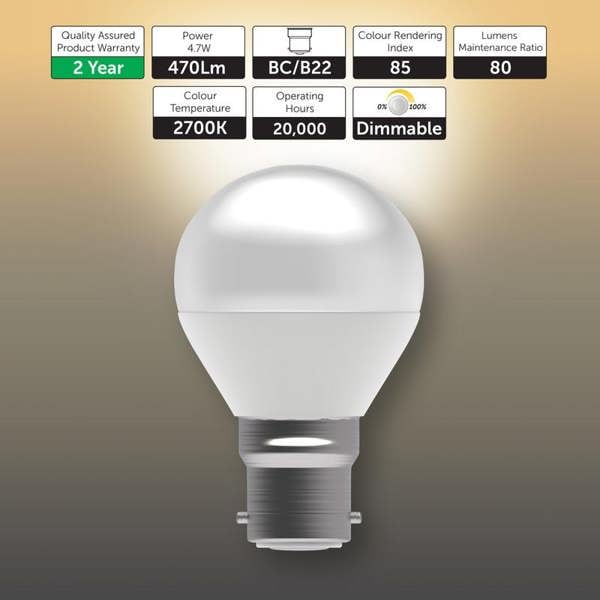 BELL Lighting B22 Dimmable LED Golf Ball Bulb, Warm White 2700K 470lm 4.7W Round Bayonet 40W Equivalent