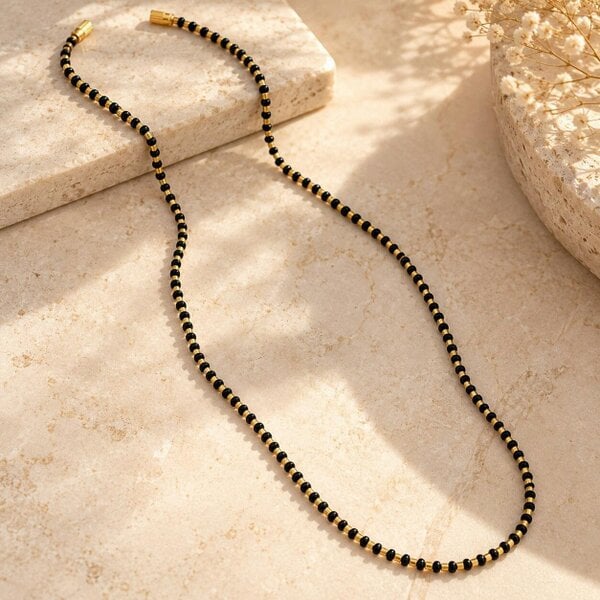The Colourful Aura Black and Gold Beaded Plain Indian Mangalsutra Necklace 30 Inch