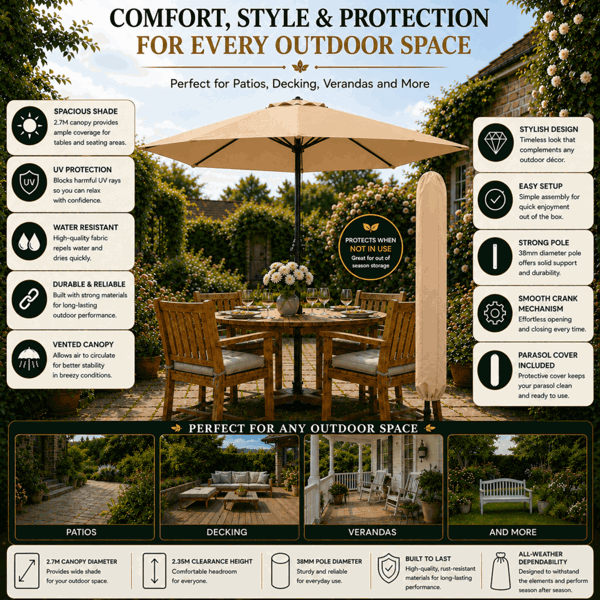 GlamHaus Garden Parasol Table Umbrella 2.7M with Crank Handle, UV40 Protection, Includes Protection Cover, Robust Steel - Sand