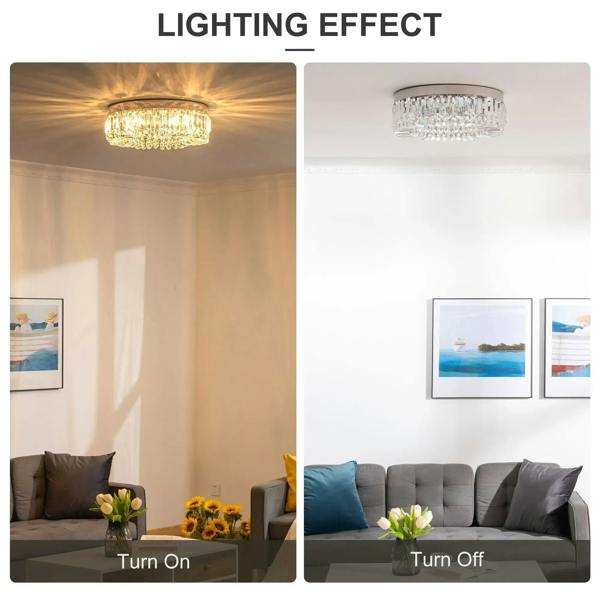 Crystal ceiling light with faceted prisms, round canopy; lighting shown on and off