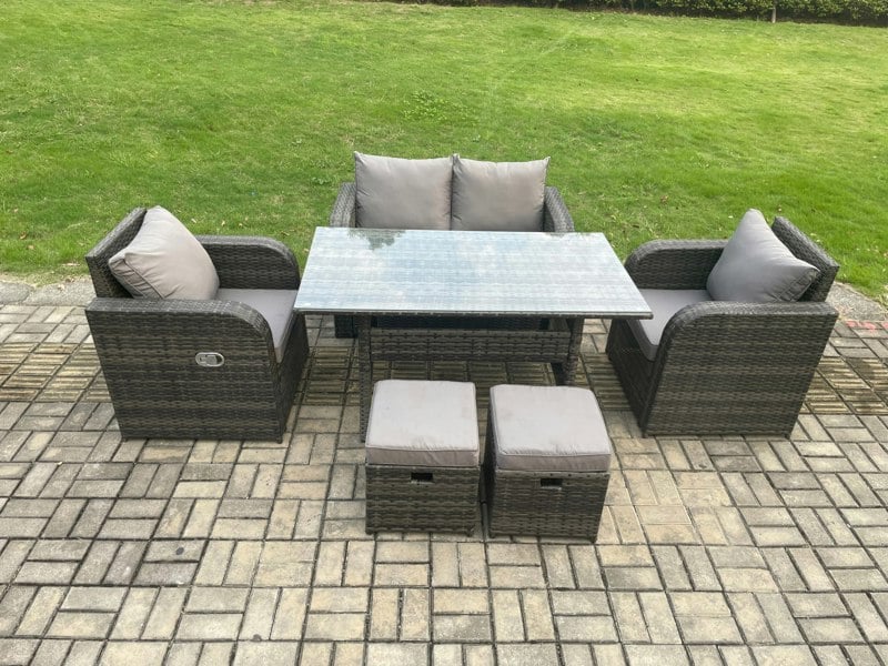 Fimous Rattan Garden Furniture 6 Piece Grey Patio Furniture Set Patio Conservatory 6 Seater Set Outdoor Rectangular Table and Chairs
