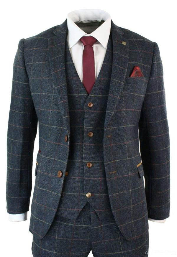 Marc Darcy Mens 3 Piece Navy Blue Herringbone Check Vintage Suit