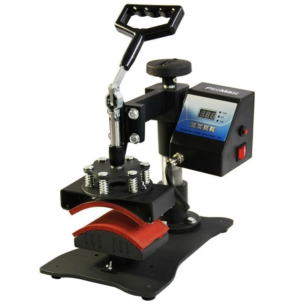 Cap press machine with adjustable handle, digital display, and red silicone pad, designed for heat transfer printing on caps