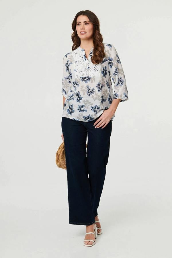 Blue | Floral Lace Trim 3/4 Sleeve Blouse