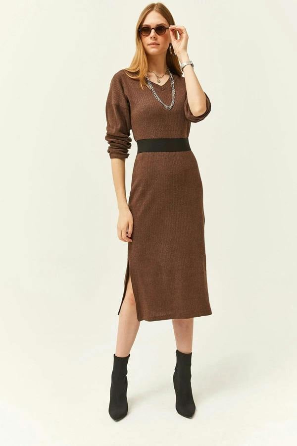 Hoxton Gal V-Neck Thick Ribbed Dress with Side Slit