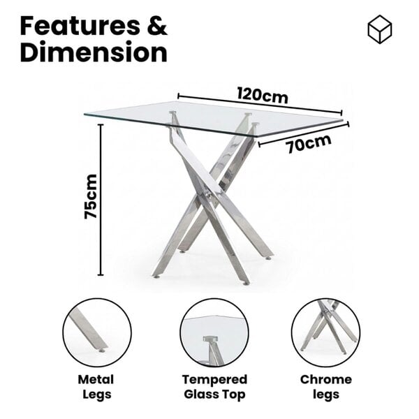 Kosy Koala Glass Dining Table Set with 4 Faux Leather Chairs, Sturdy Chrome Legs, Rectangular, 120cm