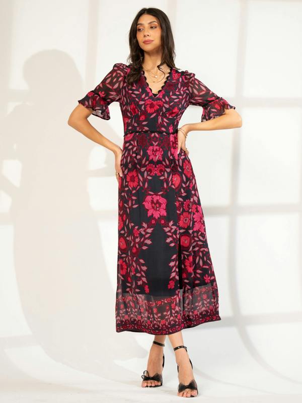 Rose & Nancy Miriam Red Black Mirror Floral Maxi Dress