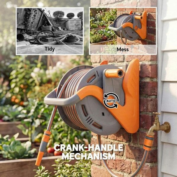 Bobobiy Portable Garden Hose Reel, 20+2 m Wall Mounted Hose Reel with 2 Patterns Spray Nozzle and Crank Handle, Orange