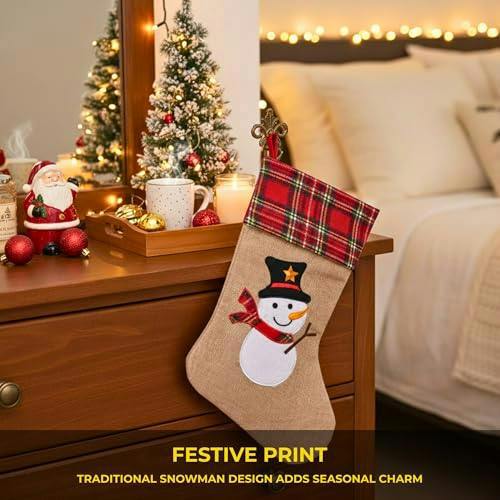 Large Snowman Christmas Stocking in Brown Hessian, 45cm Tall with 26cm Opening image 6