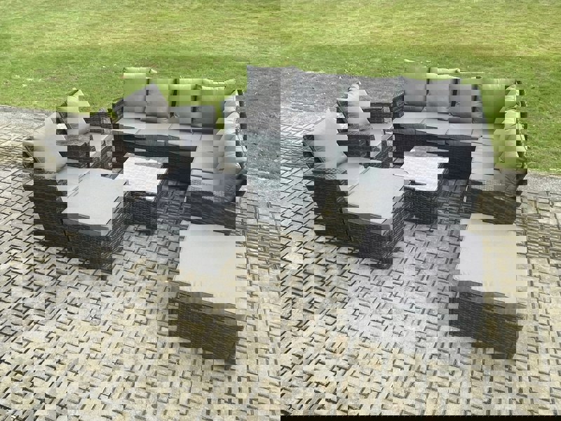 Fimous 10 Seat Rattan Garden Furniture Corner Sofa Set Outdoor Patio Sofa Table Set with 2 Big Footstool 2 Armchairs Dark Grey Mixed