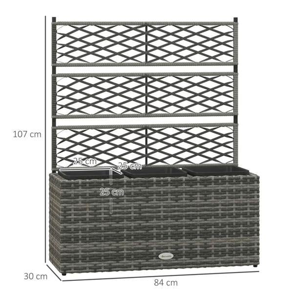 Light grey rattan-style planter with front trellis frame and raised bed