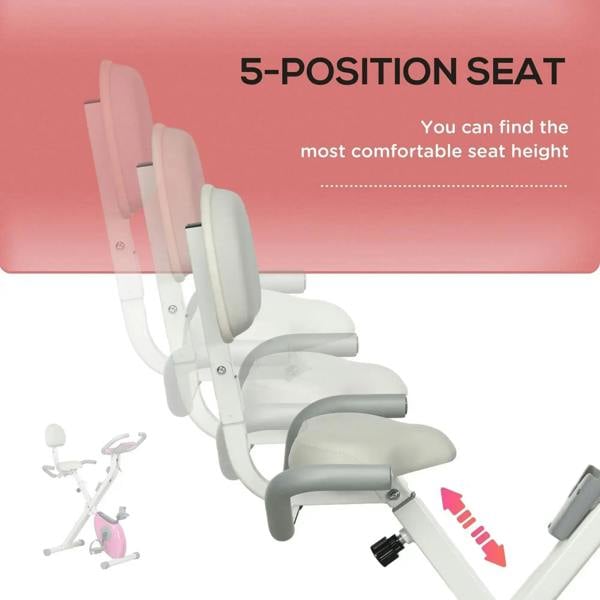 5-position adjustable seat on folding exercise bike with gray padded backrest