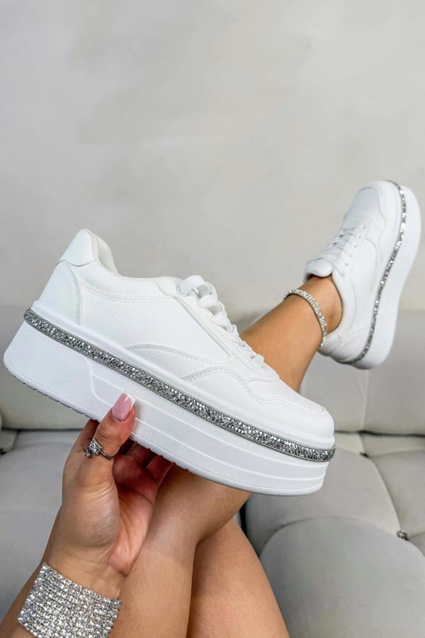 Crystal Diamante Trim Platform Trainers White with smooth faux leather upper for a clean, premium look