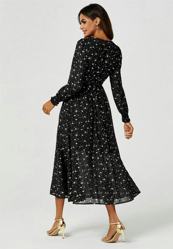FS Collection Gold Star Foil Long Sleeve Maxi Dress In Black