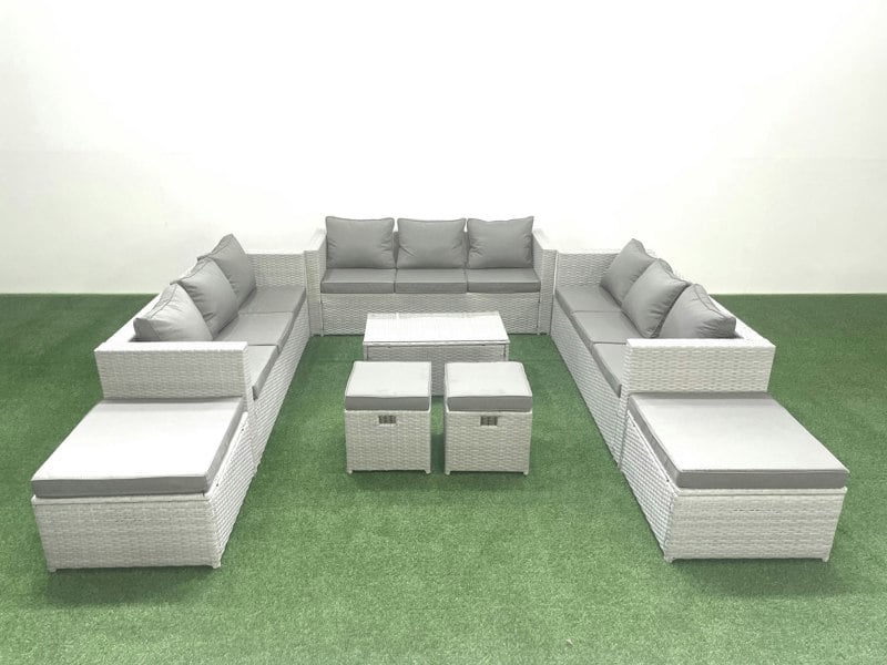 Fimous 8 Pieces Rattan Garden Furniture Set Outdoor Garden Sofa Coffee Table Set with 4 Footstools Light Grey Mixed