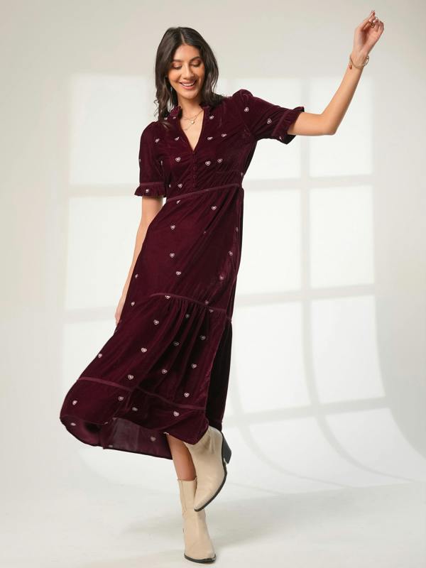 Rose & Nancy Sara Burgundy Heart Embroidered Velvet Dress