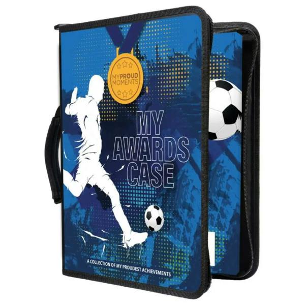 Blue soccer-themed proud moments medal case with player silhouette