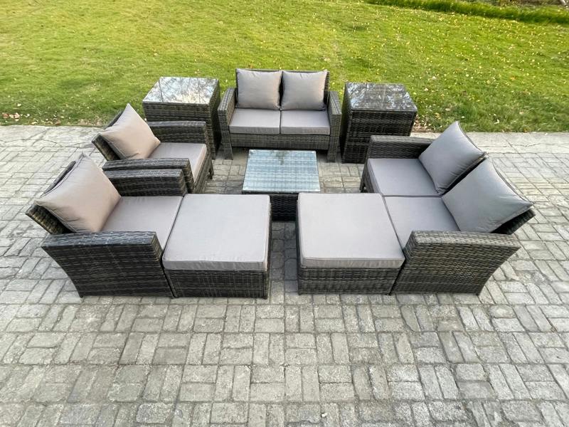 Fimous 9 Pieces Outdoor Set, Wicker Rattan, Manual Patio Sofa Conversation, 2 Big Footstools and 2 Side Tables, Dark Grey Mixed