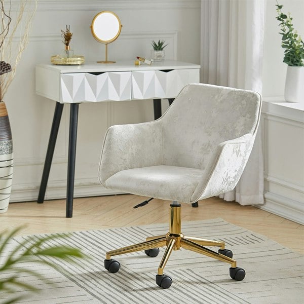 Velvet Upholstered Home Office Swivel Task Chair with Flared Arms Armchairs Living and Home White