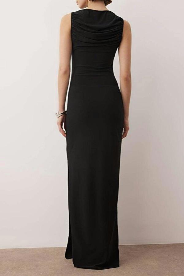 WOVCOR Elegant Long Knitted Evening Dress with Gathered Neckline Detail