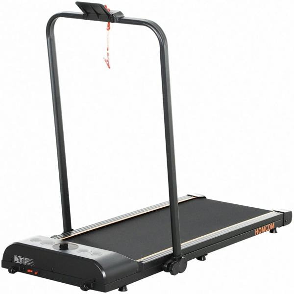 Foldable walking treadmill with LED display, handrails, and wheels, dark frame