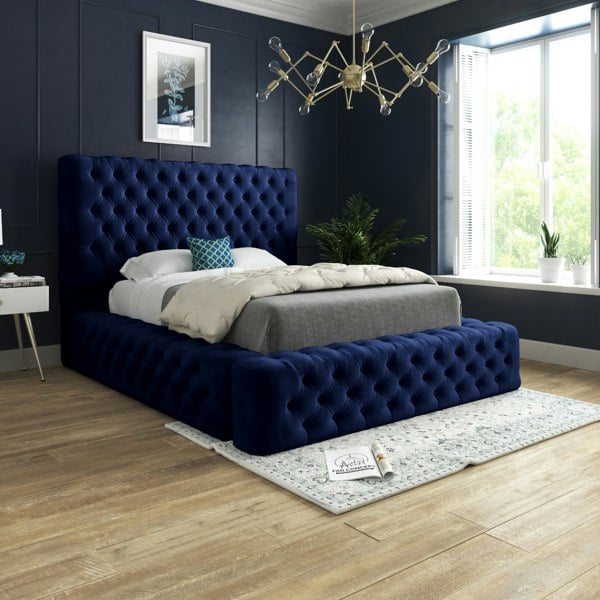 Casa Magna Grand Milan Pleated Upholstery Bed Frame - Blue