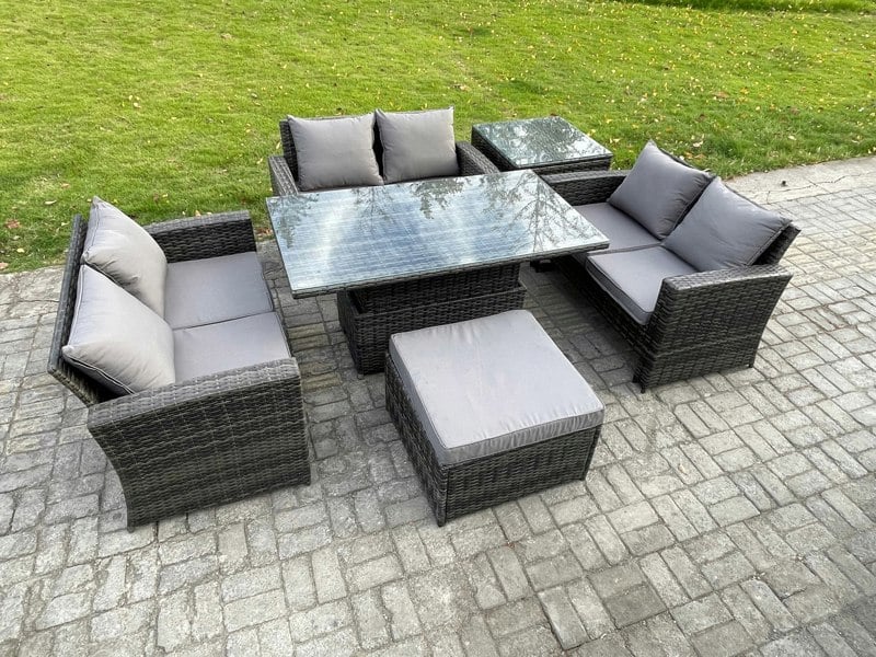 Fimous 7-Seater Rattan Garden Furniture Set - Patio Rising Lifting Table Sofa Set with Double Seat Sofa & Footstool