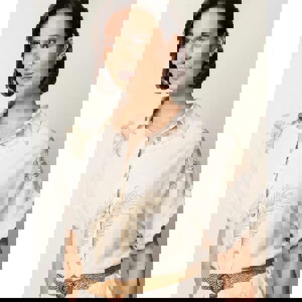 Blue Vanilla Linen Belted Dress With Feather Embroidery