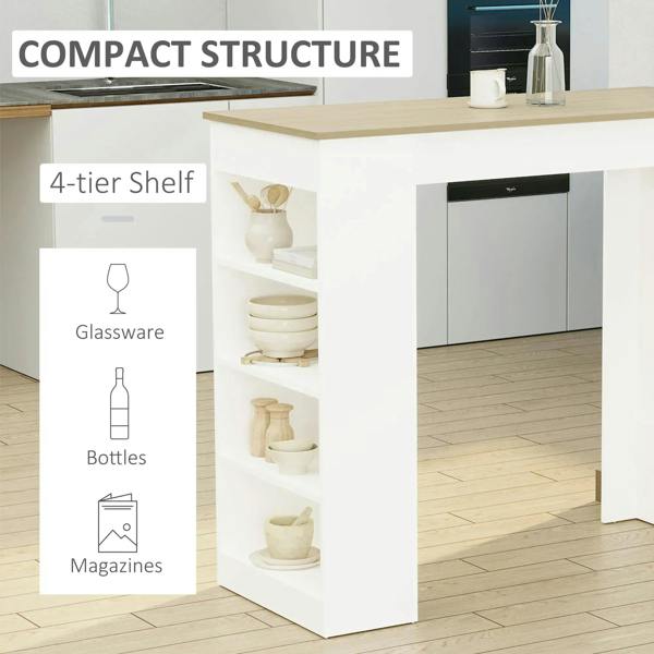 Bar table with natural wood top and white 4-tier shelf; compact design shown beside.
